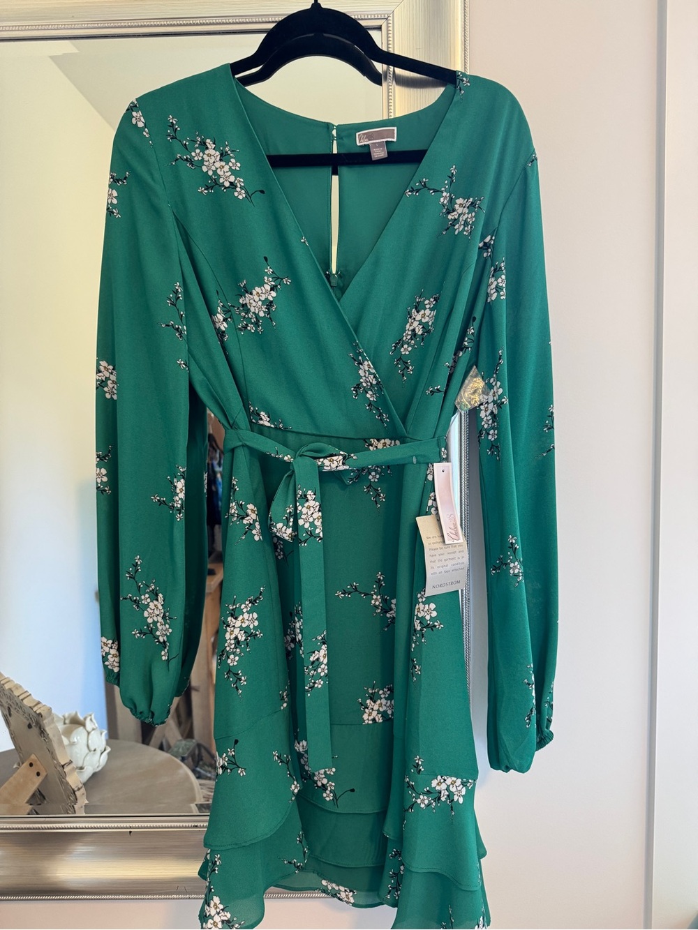 Nordstrom Emerald Green Floral Wrap Long-Sleeve Dress